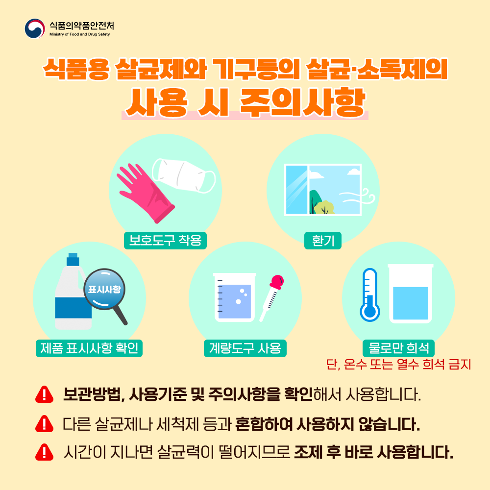 식품용 살균제와 기구등의 살균·소독제의 사용 시 주의사항