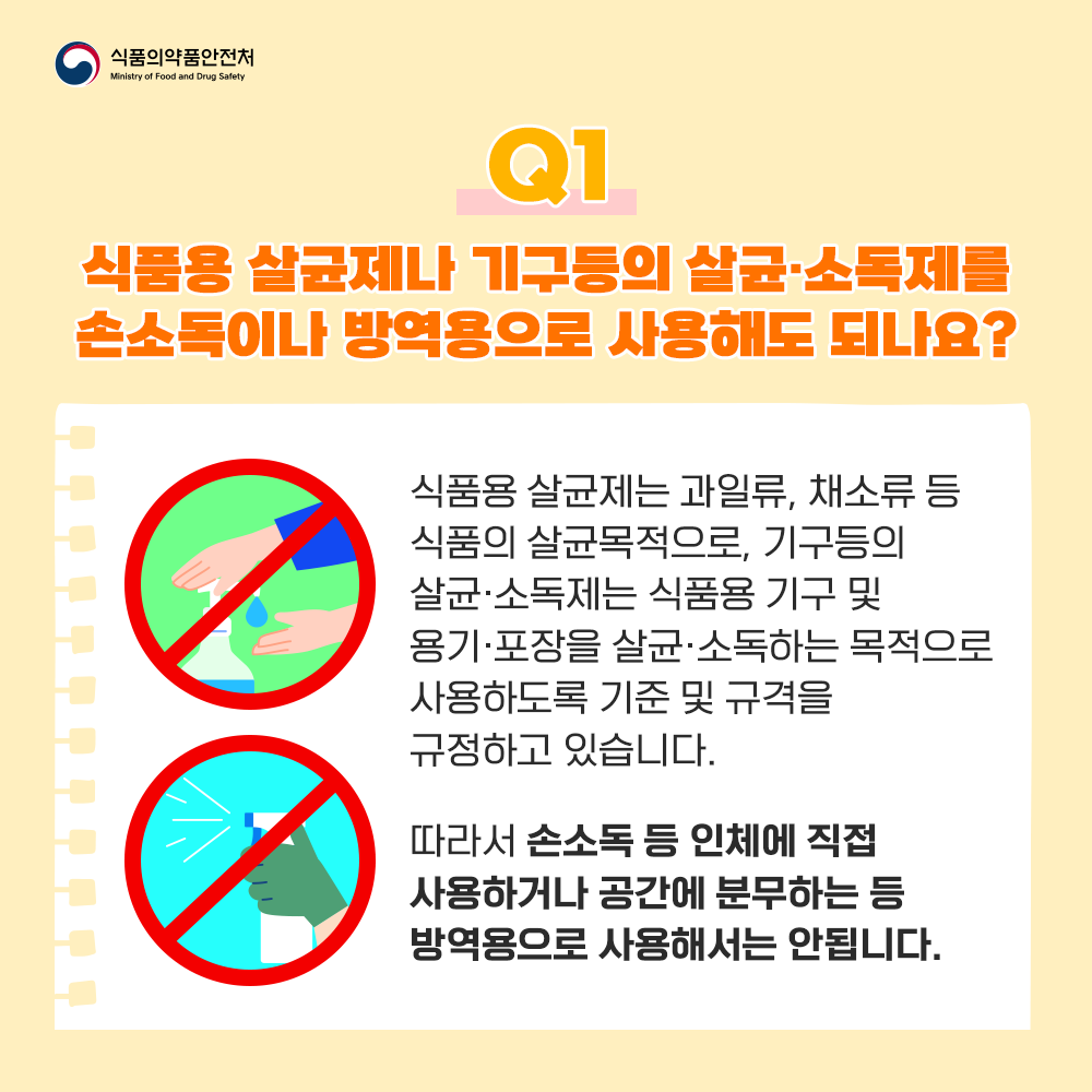  Q1. 식품용 살균제나 기구등의 살균·소독제를 손소독이나 방역용으로 사용해도 되나요?