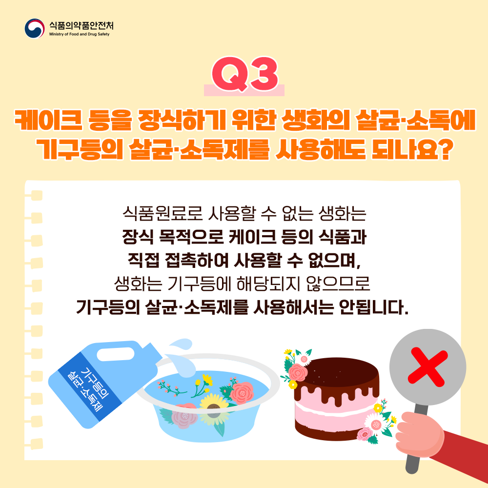 Q3. 케이크 등을 장식하기 위한 생화와 살균·소독에 기구등의 살균·소독제를 사용해도 되나요?