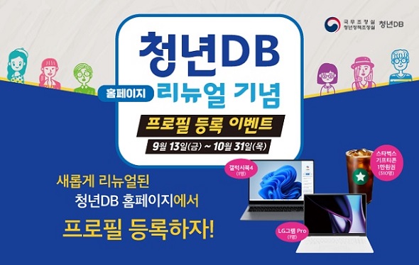 국무조정실
청년정책조정실 청년DB

청년DB 홈페이지 리뉴얼 기념
프로필 등록 이벤트
9월13일(금) ~ 10월 31일(목)

새롭게 리뉴얼된 청년DB 홈페이지에서
프로필 등록하자!

갤럭시북4 (1명)
스타벅스 기프티콘 1만원권 (510명)
LG그램 Pro (1명)