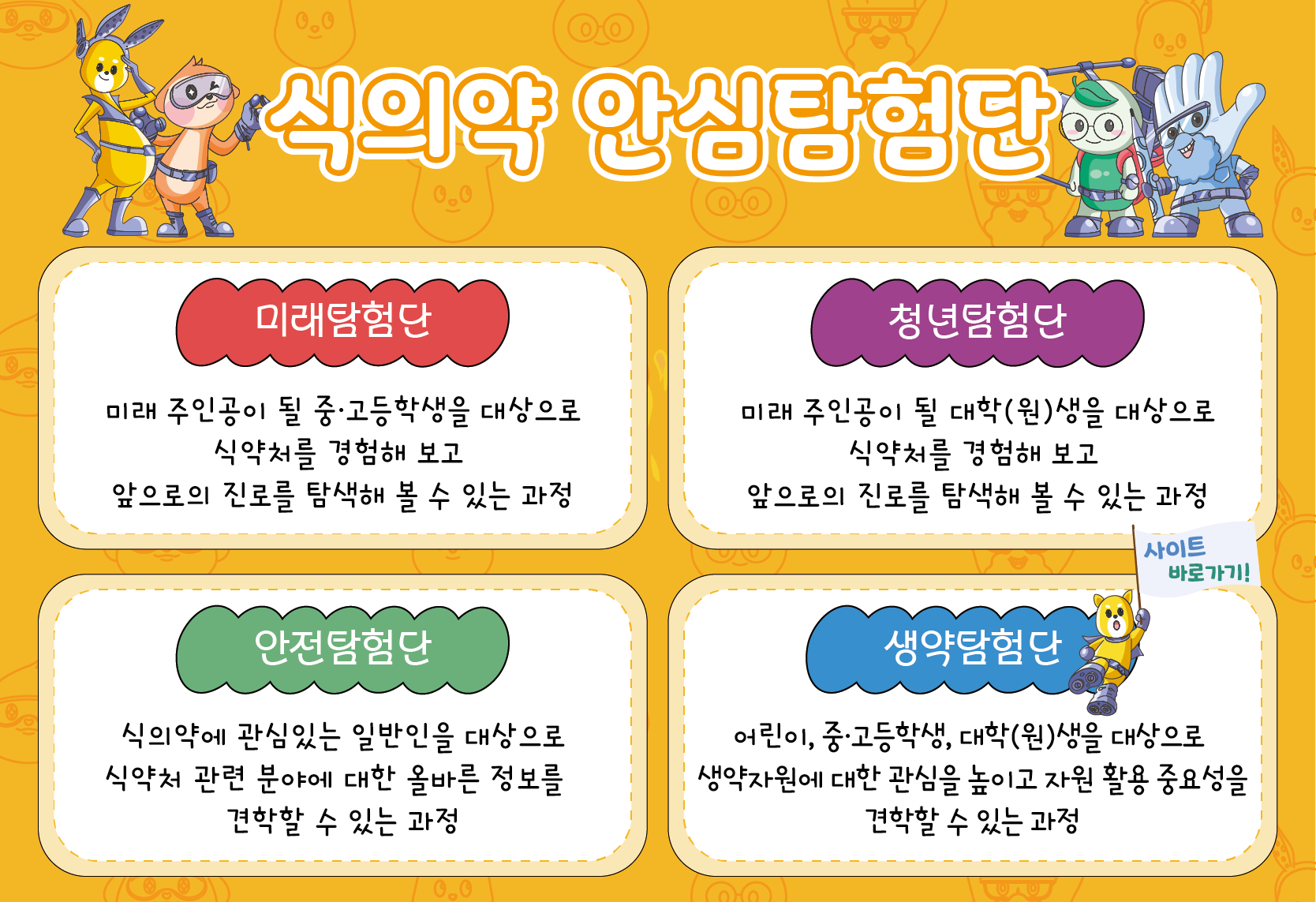 식의약 안심탐험대
		    미래탐험단 미래 주인공이 될 중·고등학생을 대상으로 식약처를 경험해 보고 앞으로의 진로를 탐색해 볼 수 있는 과정
		    전공탐험단 미래 주인공이 될 대학(원)생을 대상으로 식약처를 경험해 보고 앞으로의 진로를 탐색해 볼 수 있는 과정
		    안전탐험단 식의약에 관심있는 일반인을 대상으로 식약처 관련 분야에 대한 올바른 정보를 견학할 수 있는 과정
		    생약탐험단 어린이, 중·고등학생, 대학(원)생을 대상으로 생약자원에 대한 관심을 높이고 자원 활용 중요성을 견학할 수 있는 과정