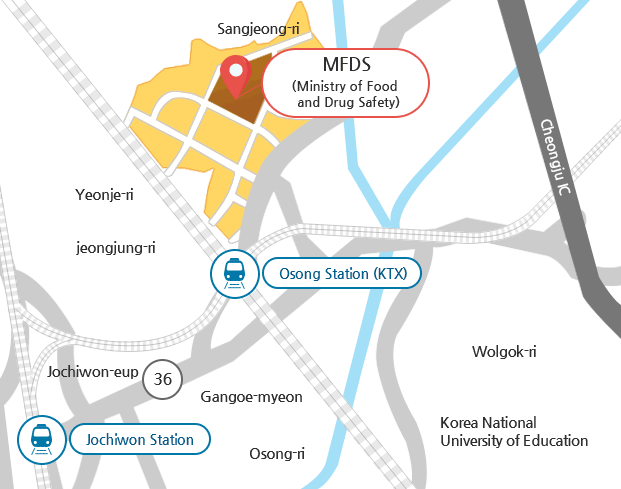Ministry of Food and Drug Safety is easily accecible by local busses from Jochiwon Station.