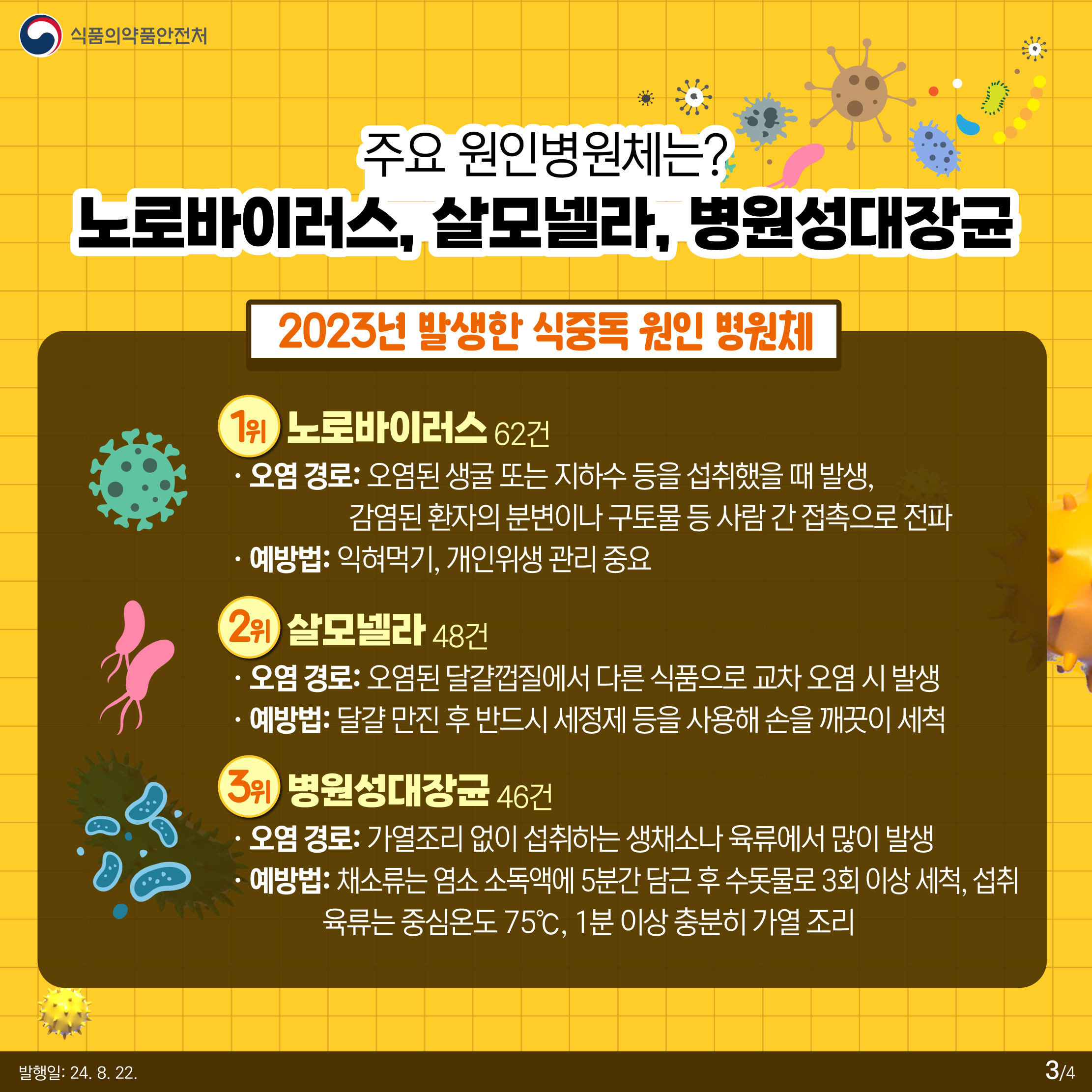 3.
식품의약품안전처

주요 원인병원체는?
노로바이러스, 살모넬라, 병원성대장균

2023년 발생한 식중독 원인 병원체

1위 노로바이러스 62건
· 오염 경로 : 오염된 생굴 또는 지하수 등을 섭취했을 때 발생, 감염된 환자의 분변이나 구토물 등 사람 간 접촉으로 전파
· 예방법 : 익혀먹기, 개인위생 관리 중요

2위 살모넬라 48건
· 오염 경로 : 오염된 달걀껍질에서 다른 식품으로 교차 오염 시 발생
· 예방법 : 달걀 만진 후 반드시 세정제 등을 사용해 손을 깨끗이 세척

3위 병원성대장균 46건
· 오염 경로 : 가열조리 없이 섭취하는 생채소나 육류에서 많이 발생
· 예방법 : 채소류는 염소 소독액에 5분간 담근 후 수돗물로 3회 이상 세척, 섭취 육류는 중심온도 75℃, 1분 이상 충분히 가열 조리

발행일: 24. 8. 22.
3/4
