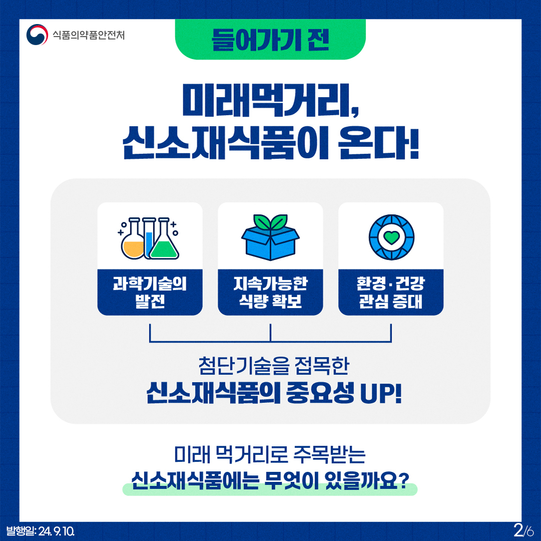 2.
식품의약품안전처

들어가기 전

미래먹거리, 신소재식품이 온다!

과학기술의 발전, 지속가능한 식량확보, 환경·건강 관심 증대
첨단 기술을 접목한 신소재식품의 중요성 UP!

미래 먹거리로 주목받는 신소재식품에는 무엇이 있을까요?

발행일: 24. 9. 10.
2/6
