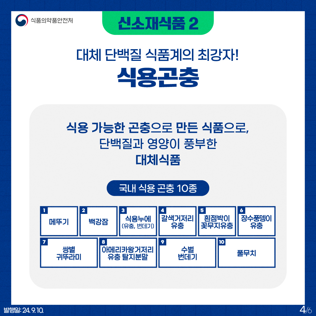 4.
식품의약품안전처

신소재식품 2

대체 단백질 식품계의 최강자! 식용곤충

식용 가능한 곤충으로 만든 식품으로, 단백질과 영양이 풍부한 대체식품

국내 식용 곤충 10종

1) 메뚜기 2) 백강잠 3) 식용누에(유충, 번데기) 4) 갈색거저리 유충 5) 흰점박이 꽃무지유충
6) 장수풍뎅이 유충 7) 쌍별 귀뚜라미 8) 아메리카왕거저리 유충 탈지분말 9) 수벌 번데기 10) 풀무치

발행일: 24. 9. 10.
4/6
