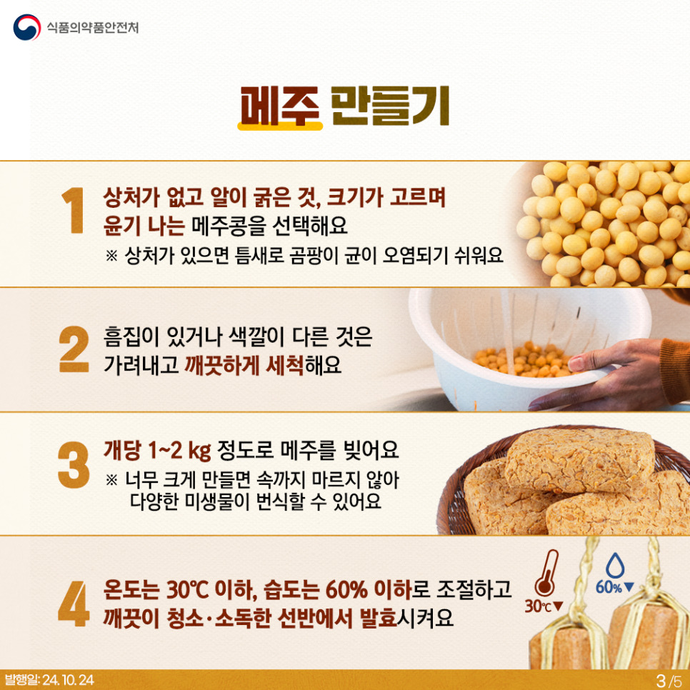 3.
식품의약품안전처

메주 만들기

1) 상처가 없고 알이 굵은 것, 크기가 고르며 윤기 나는 메주콩을 선택해요
※ 상처가 있으면 틈새로 곰팡이 균이 오염되기 쉬워요
2) 흠집이 있거나 색깔이 다른 것은 가려내고 깨끗하게 세척해요
3) 개당 1~2kg 정도로 메주를 빚어요
※ 너무 크게 만들면 속까지 마르지 않아 다양한 미생물이 번식할 수 있어요
4) 온도는 30℃이하, 습도는 60% 이하로 조절하고 깨끗이 청소·소독한 선반에서 발효시켜요
30℃ ▼ 60% ▼

발행일: 24. 10. 24.
3/5
