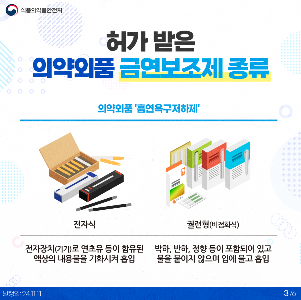 3.
식품의약품안전처

허가 받은 의약외품 금연보조제 종류

의약외품 '흡연욕구저하제'

전자식: 전자장치(기기)로 연초유 등이 함유된 액상의 내용물을 기화시켜 흡입
궐련형(비점화식): 박하, 반하, 정향 등이 포함되어 있고 불로 붙이지 않으며 입에 물고 흡입

발행일: 24. 11. 11.
3/6
