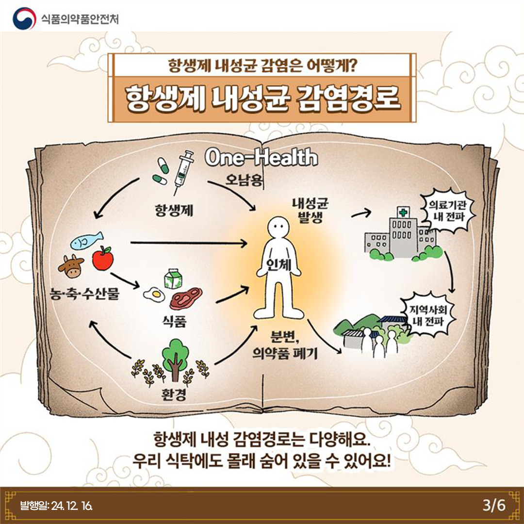 3.
식품의약품안전처

항생제 내성균 감염은 어떻게?
항생제 내성균 감염경로

One-Health

농축·수산물 - 항생제 식품 환경 - 오남용

인체

내성균 발생
분변, 의약품 폐기

의료기관 내 전파
지역사회 내 전파

항생제 내성 감염경로는 다양해요.
우리 식탁에도 몰래 숨어 있을 수 있어요!


발행일: 24. 12. 16.
3/6
