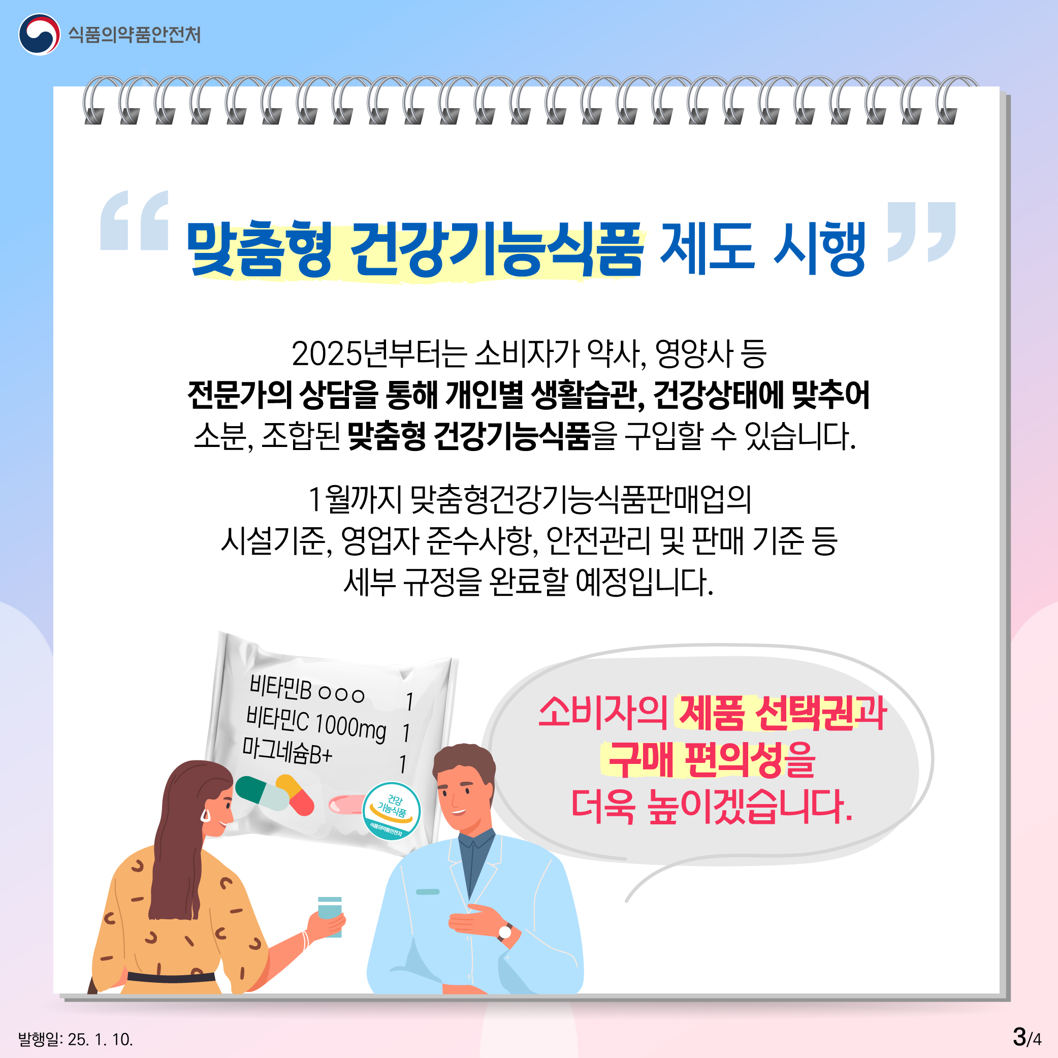 3.
식품의약품안전처

맞춤형 건강기능식품 제도 시행

2025년부터는 소비자가 약사, 영양사 등
전문가의 상담을 통해 개인별 생활습관, 건강상태에 맞추어
소분, 조합된 맞춤형 건강기능식품을 구입할 수 있습니다.

1월까지 맞춤형건강기능식품판매업의
시설기준, 영업자 준수사항, 안전관리 및 판매 기준 등
세부 규정을 완료할 예정입니다.

비타민B ㅇㅇㅇ 1
비타민c 1000mg 1
마그네슘 b+  1

소비자의 제품 선택권과
구매 편의성을
더욱 높이겠습니다.

발행일: 25. 1. 10.
3/4
