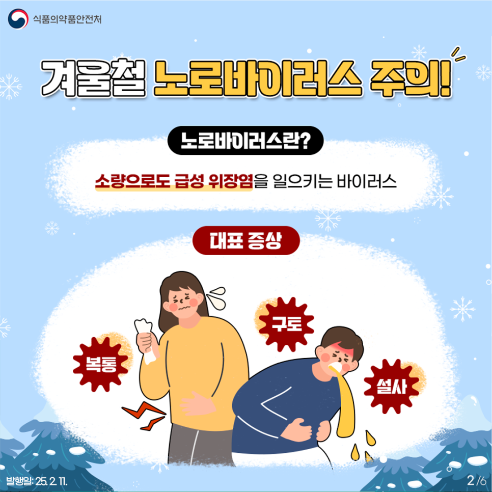 2.
식품의약품안전처

겨울철 노로바이러스 주의!

노로바이러스란?
소량으로도 급성 위장염을 일으키는 바이러스

대표증상
복통
구토
설사

발행일: 25. 2. 11.
2/6
