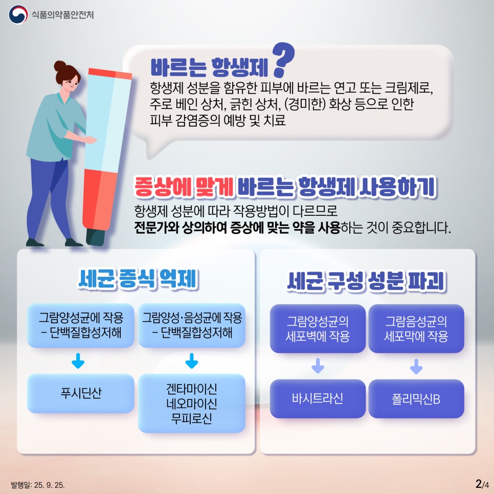 2.
식품의약품안전처

바르는 항생제?
항생제 성분을 함유한 피부에 바르는 연고 또는 크림제로,
주로 베인 상처, 긁힌 상처, (경미한) 화상 등으로 인한
피부 감염증의 예방 및 치료

증상에 맞게 바르는 항생제 사용하기
항생제 성분에 따라 작용방법이 다르므로
전문가와 상의하여 증상에 맞는 약을 사용하는 것이 중요합니다.

세균 증식 억제

그람양성균에 작용
- 단백질합성저해
푸시딘산

그람양성·음성균에 작용
- 단백질합성저해
겐타마이신
네오마이신
무피로신

세균 구성 성분 파괴

그람양성균의
세포벽에 작용
바시트라신

그람음성균의
세포막에 작용
폴리믹신B

발행일: 25. 9. 25.
2/4
