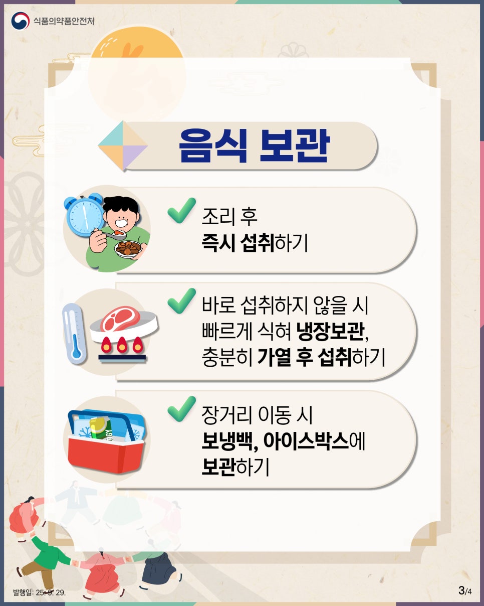 3.
식품의약품안전처

음식 보관

조리 후
즉시 섭취하기

바로 섭취하지 않을 시
빠르게 식혀 냉장보관,
충분히 가열 후 섭취하기

장거리 이동 시
보냉백, 아이스박스에
보관하기

발행일: 25. 9. 29.
3/4
